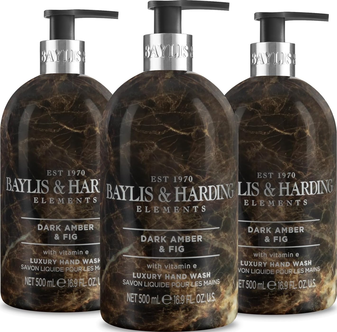 Baylis & Harding Elements Luxury Hand Wash 500ml 3 pack | Dark Amber & Fig, Vegan Friendly, Made in UK