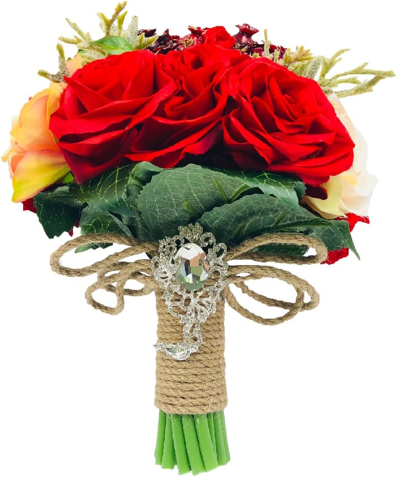 Abbie Home Real Touch Red Rose Bridal Bouquets Pink Peony Wedding Bouquet (B Round Bouquet)