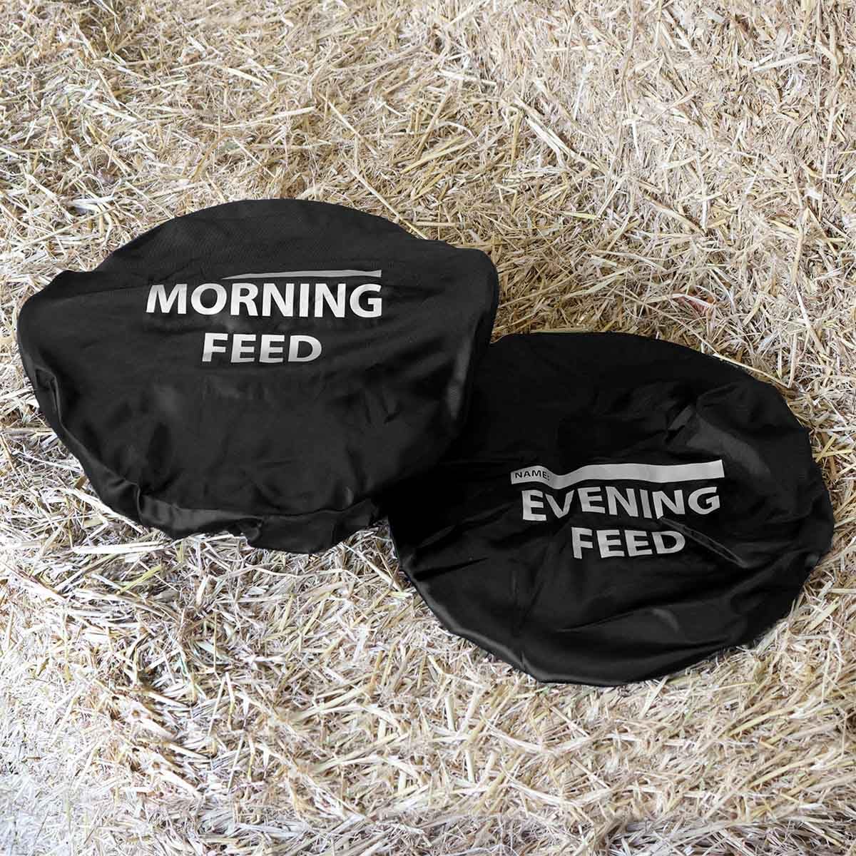 Masta Polyester Bucket Covers for Feed Room - Morning & Evening Labels, Elastic Edge Fit, Stretches to 50cm - Set of 2, Black
