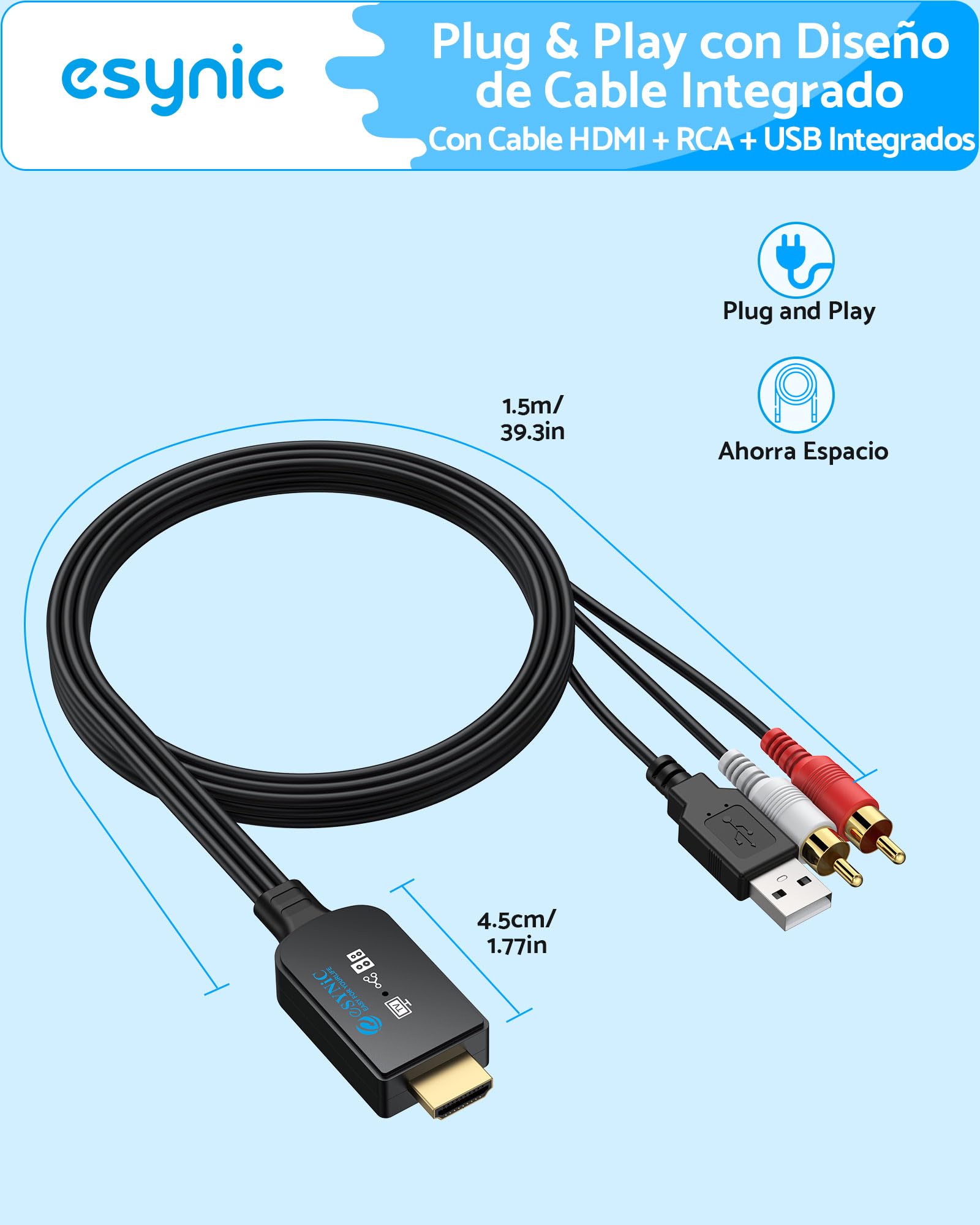 eSynic Cable HDMI eARC ARC a RCA Adaptador Audio TV a Amplificador Extractor Audio HDMI ARC a RCA Estéreo PCM Convertidor HDMI ARC Adapter con Control CEC para Altavoces Activos 1.5m USB Plug and Play