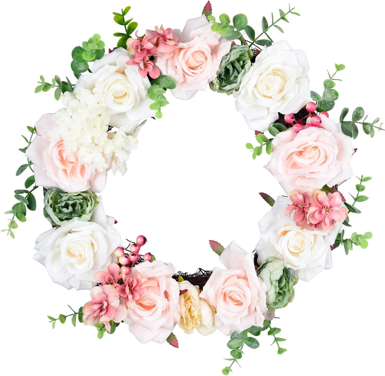 TINGOR 14'' Artificial Rose Flower Wreath, Eucalyptus Leaf Door Wreath Decor Fake Rose Outdoor Wreath for Front Door, Wall, Wedding, Home Décor (Pink & White)