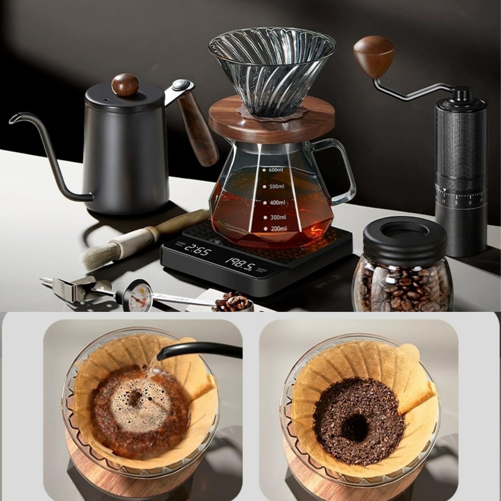 Juego completo de cafetera de 10 piezas, kit completo de preparación de café por goteo con hervidor, báscula, molinillo y accesorios, para los amantes del café, barista en casa, viajes y campamento
