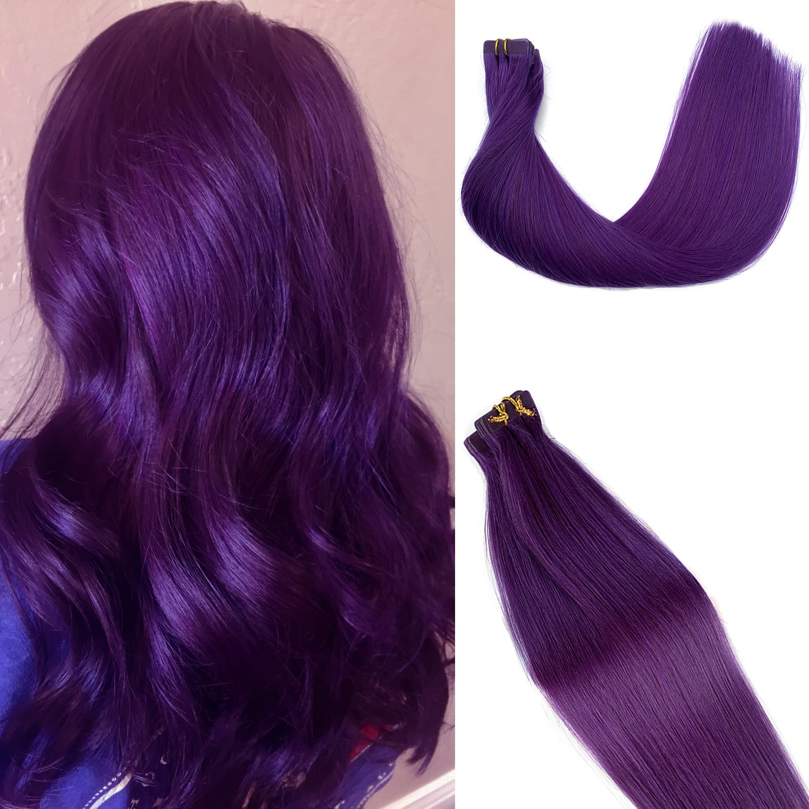 Purple Hair Extensions Tape in Human Hair Extensions 18Inch Soft Silky Straight Purple Remy Hair Extensions 40grams 20pcs Seamless Colored Extensions