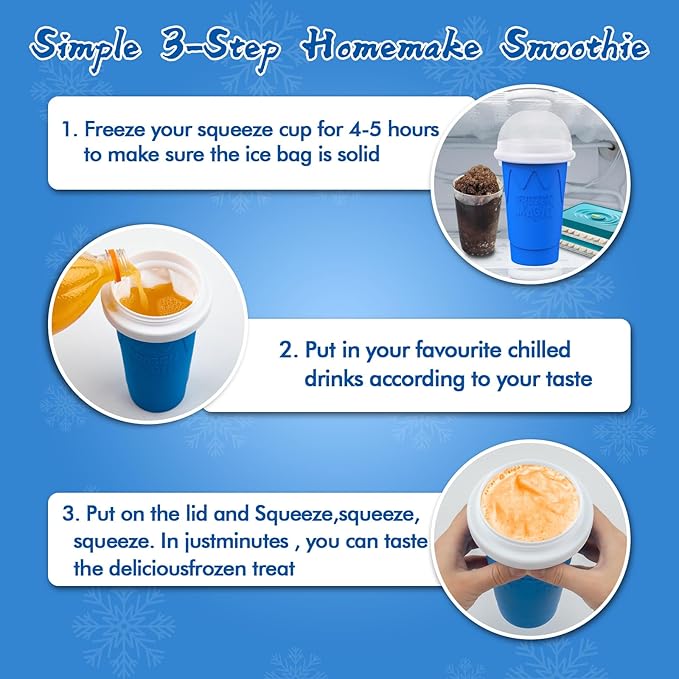 500ML Slushie Maker Cup - DIY Magic Slushy Maker Squeeze Cups, Portable Smoothie Squeezes Cup for Milk and Ice Cream Make, Double Layer Slushy Maker Cups, Birthday Gifts for Family(Blue, 500ML)