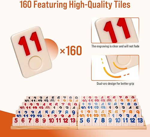 Miniatura 3 de Rummy Cube Juego de 6 juegos con 6 soportes de madera y 160 azulejos Rummy, juego de mesa familiar y de viaje