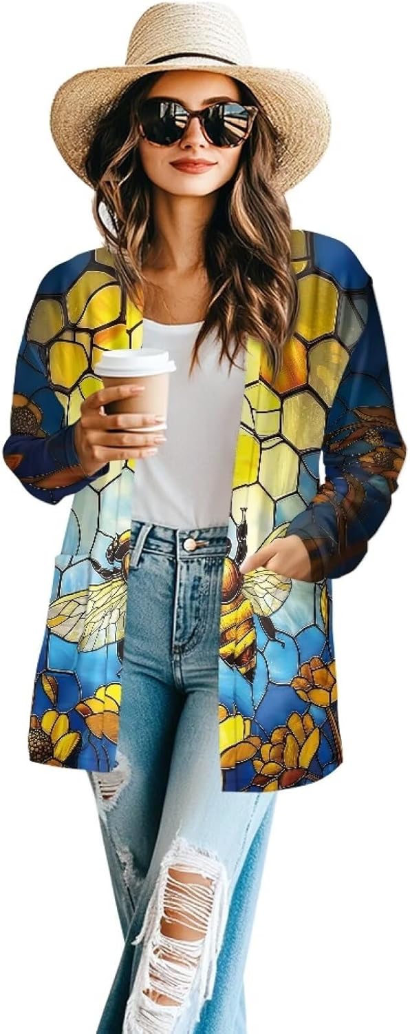 Women's Plus Size Aztec Tribe Print Long Sleeve Open Front Kimono Lightweight Comfy Warm Cardigan Fit Work Travel