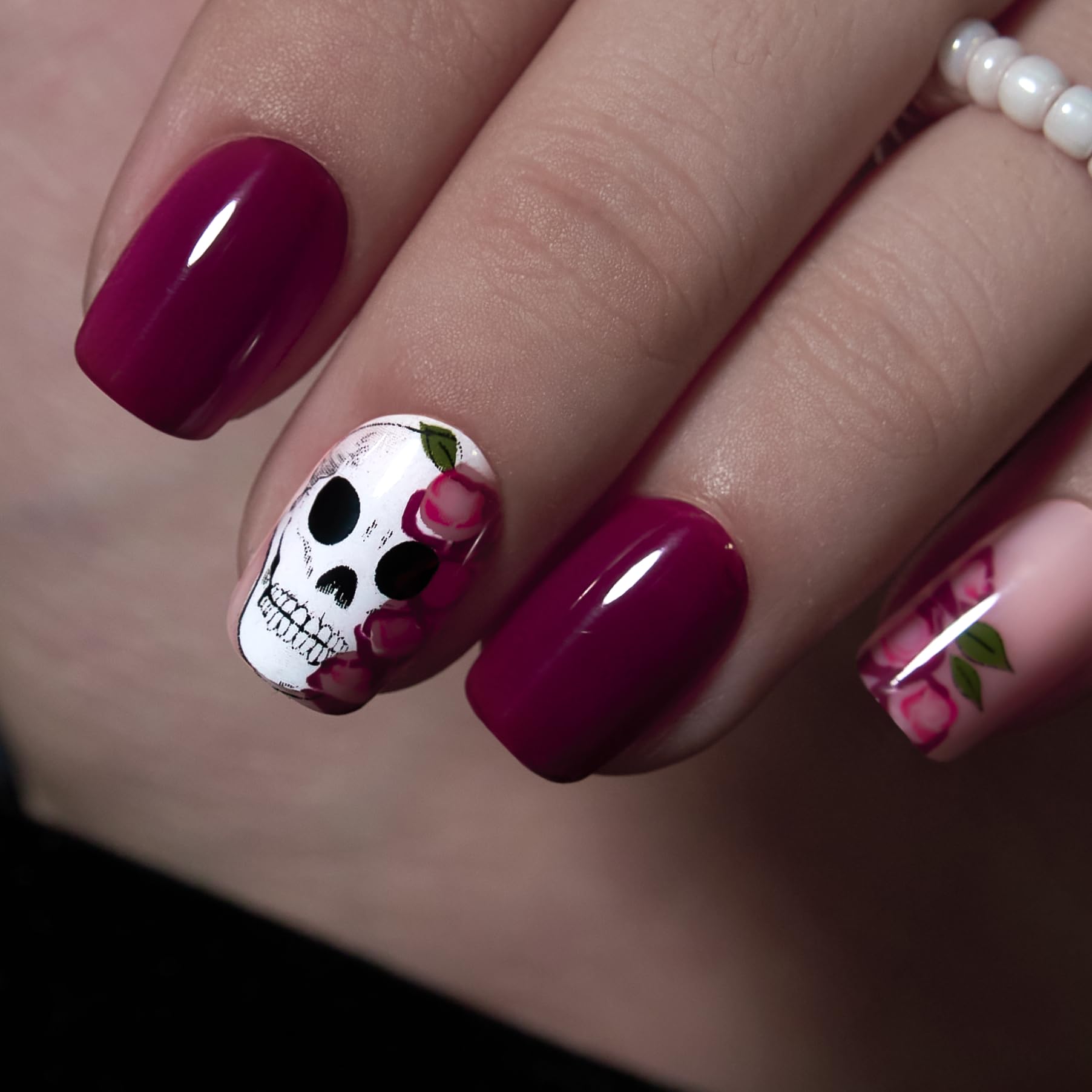 Curvlife Press on Nails Acrylic Fake Nails with Short Square Red skull Design Full Cover False Nails Reusable Nail Kit with Nail Glue Adhesive Tabs