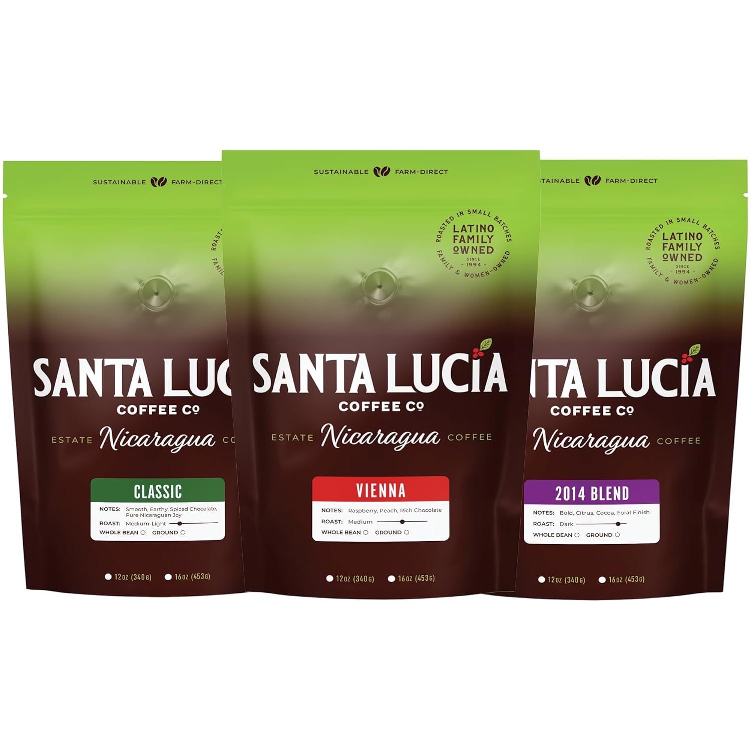 Santa Lucia Coffee - Specialty Nicaraguan Coffee Variety Pack - Light, Medium & Dark Roast - Low Acid, 91 Point, SHG, Small Batch Roasted, 100% Single-Origin, Whole Bean, 3 Bags (16oz Each)