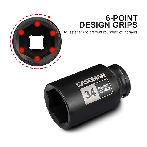 Miniatura 114 de CASOMAN 1/2" Drive x 1.417 in Deep 12 PT Socket Impacto, CR-MO, 1/2" Drive 12 Point Axle Nut Socket para una fácil extracción de las tuercas del eje