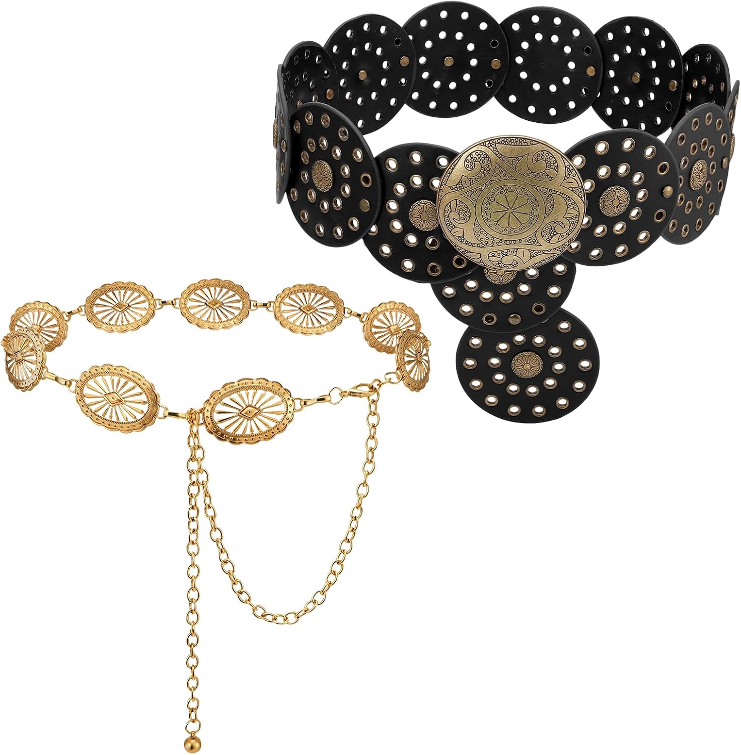 JATEBI 2 Pcs Western Concho Belts for Woman, Adjustable Boho Disc Waist