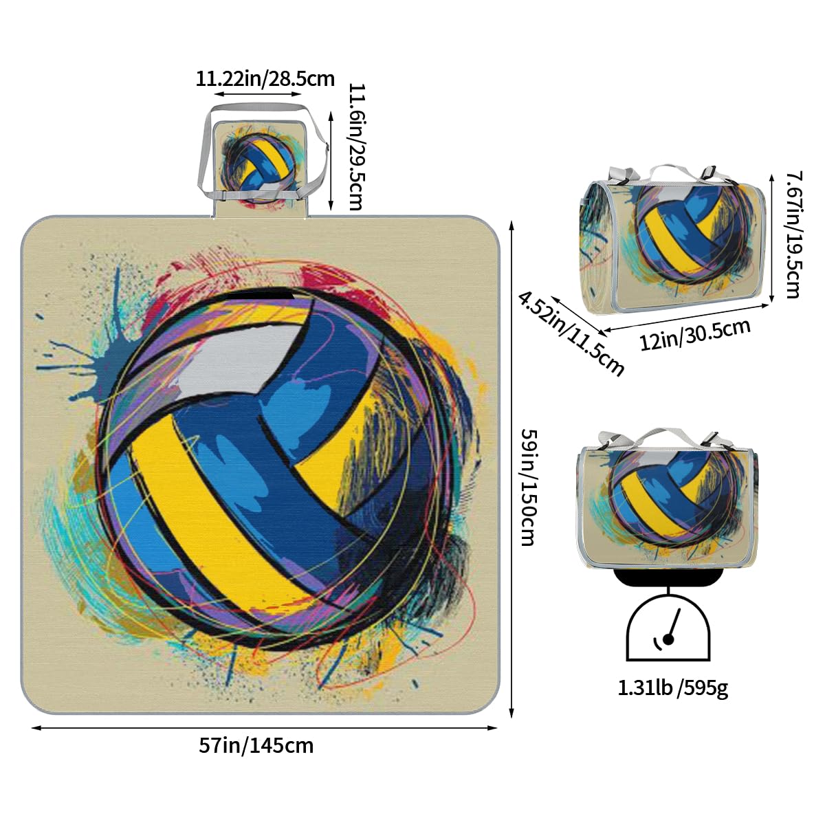Shimoshe Picnic Blankets 57”x 59”, Watercolor Volleyball Waterproof Sandproof Picnic Mat Lightweight Foldable Beach Blanket for Camping Park Grass Beach Outdoor Blanket