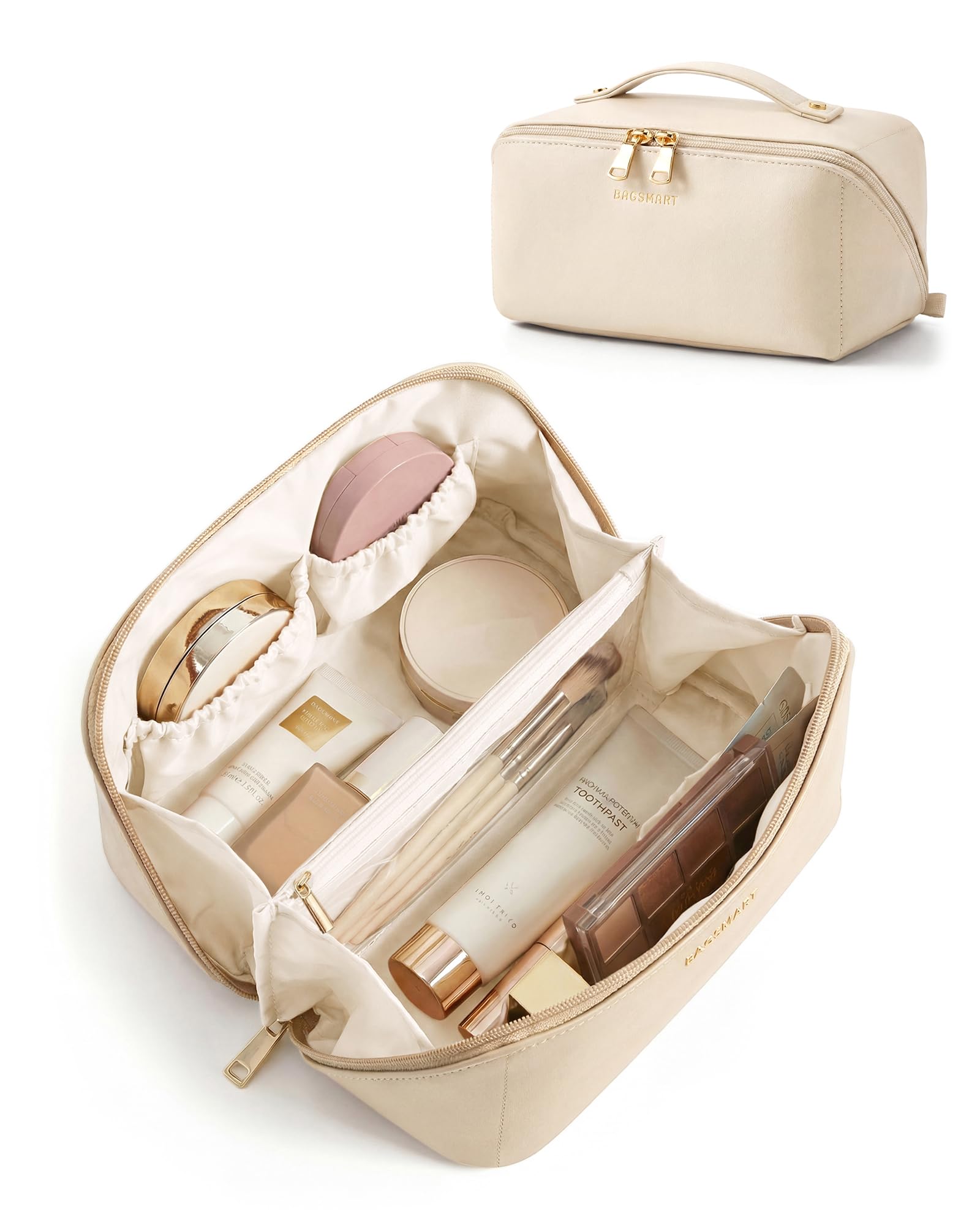 BAGSMART Makeup Bag Travel Cosmetic Bag, Large Make Up Bag Flat Open Toiletry Bag for Women, PU Leather Travel Essentials Organizer Case, Wide-open Pouch Purse for Skincare, Brushes, Classic Brown — view 14