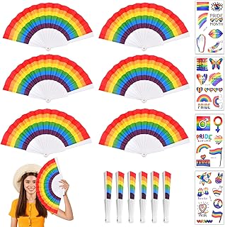Vibbang 6 Pcs Rainbow Fans, Foldable Gay Pride Fan with 4 Pcs Rainbow Tattoo Sticker, Rainbow Folding Hand Fan for LGBT Pride Month Transgender Bisexual Lesbian Asexual Parade Festival Party