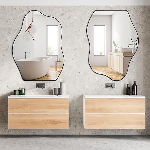 Miniatura 4 de POZINO Espejo de forma única irregular, espejo asimétrico, espejo negro Squiggly Morden para baño, sala de estar, dormitorio, entrada, decoración