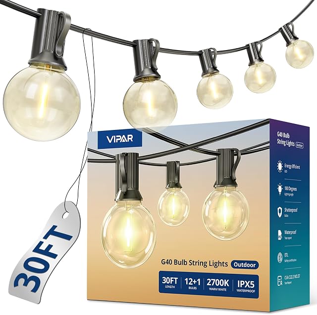 Lumières de patio VIPAR, 30 pi 13 ampoules G40, lumières extérieures étanches, suspendues, dimmables, connectables pour balcon, jardin, porche, terrasse, décoration de jardin, 2700K