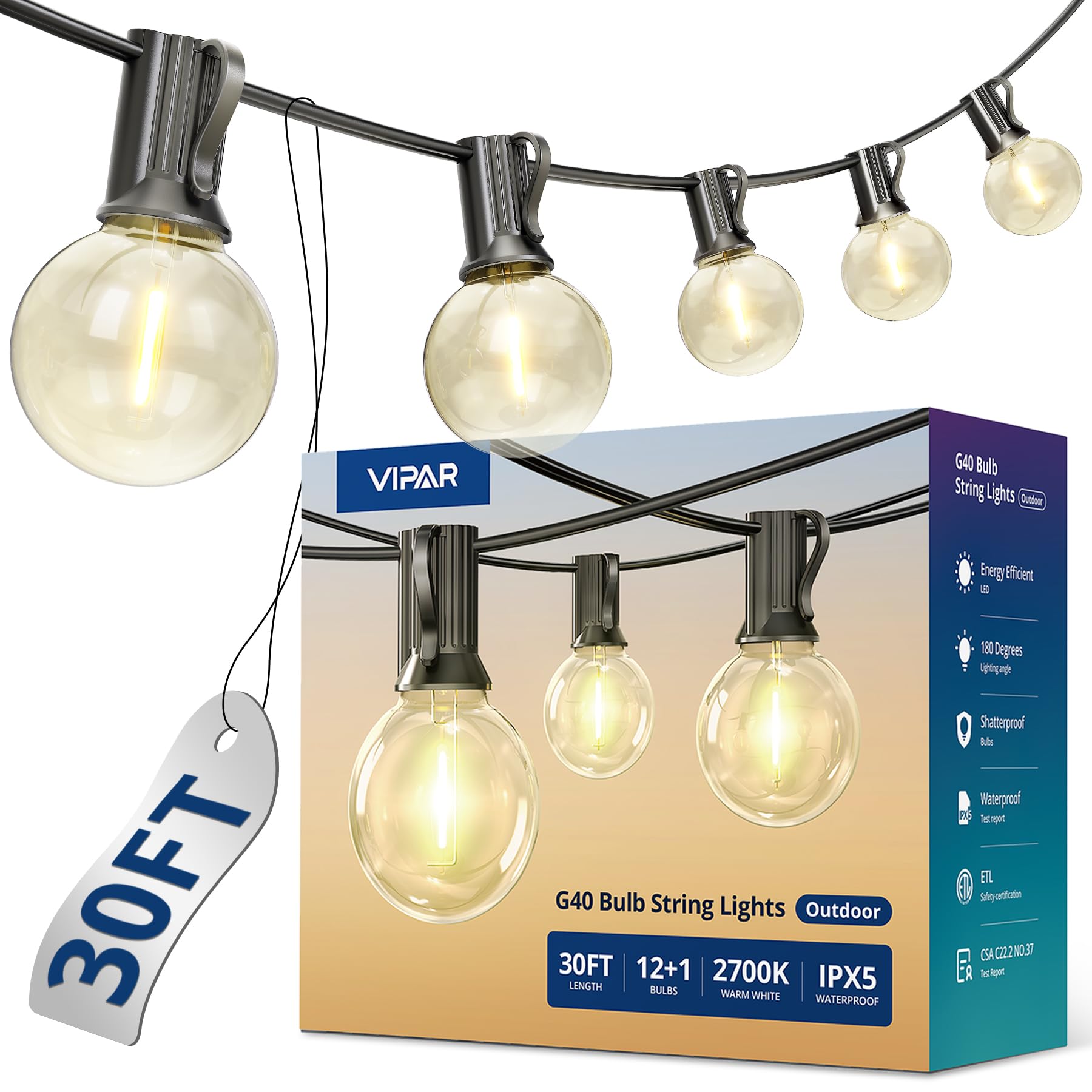 VIPAR Outdoor String Lights, 30FT 13 G40 Bulbs Patio Lights Outdoor Waterproof, Shatterproof Outside Hanging Light Dimmable Connectable for Balcony, Backyard, Porch, Deck, Garden, Patio Decor, 2700K