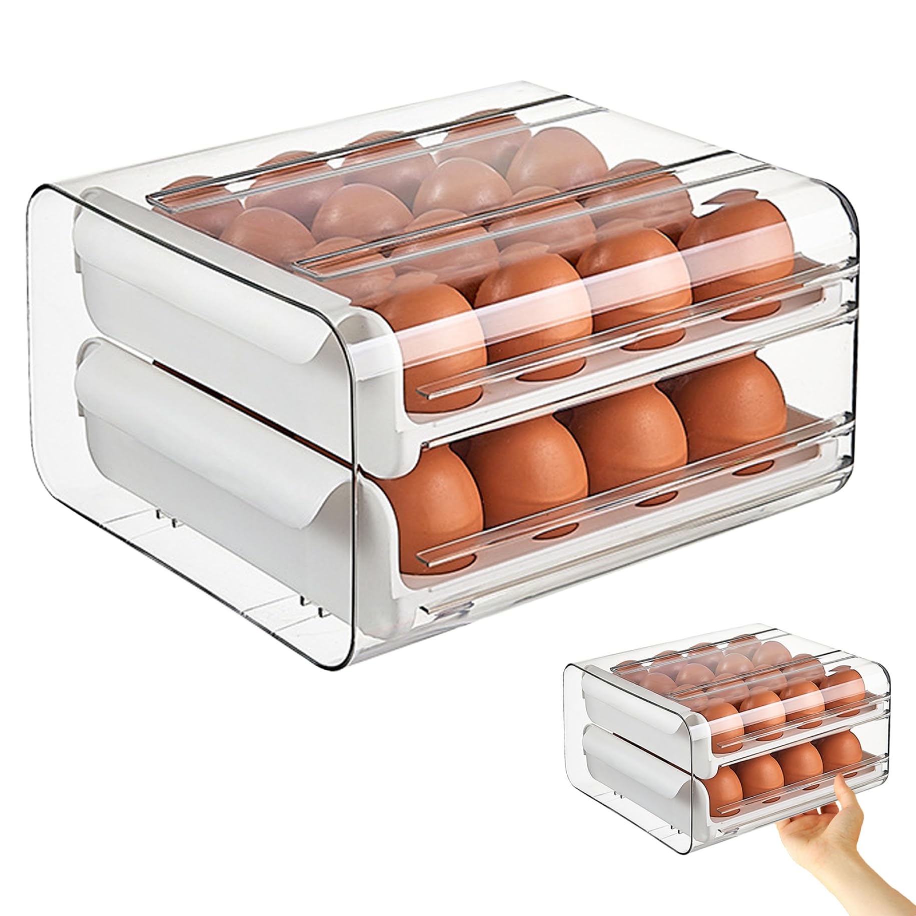 Almacenamiento de huevos para el refrigerador, 2 capas 32 cuadrículas de huevo con manijas, recipiente de almacenamiento de plástico transparente apilable y ahorrable para el refrigerador.