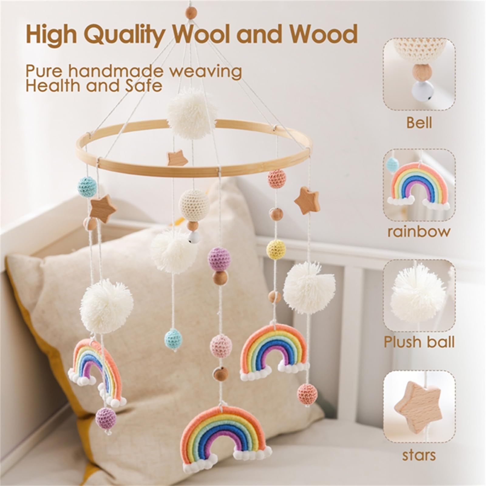 Herfair Mobiles Baby, Regenbogen Babybett Hölz Windspiele mit Bäll, Baby Mobile, Anhänger Babyzimmer Deko, Neugeborene Geschenk für Jungen Mädchen (Orange)