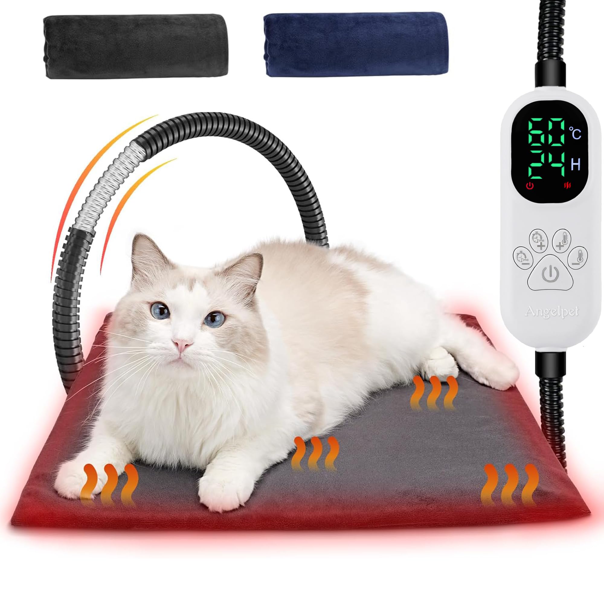 Angelpet Elektryczna Mata Grzewcza dla Psów i Kotów M 45x45 cm – Temperatura 30–60℃, 14 Timera (0–12H/24H), Automatyczne Wyłączanie, Przewód Odporne na Gryzienie 1,8 m, 2 Zdejmowane Pokrowce