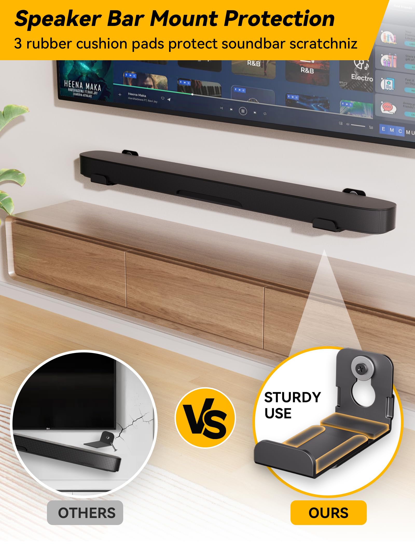 Soporte de barra de sonido, (2 juegos) soportes de pared para altavoces debajo de la TV, montaje de estante de barra de sonido resistente de 3.4 a 5.8 pulgadas para Samsung, Vizio, Lg, Sony