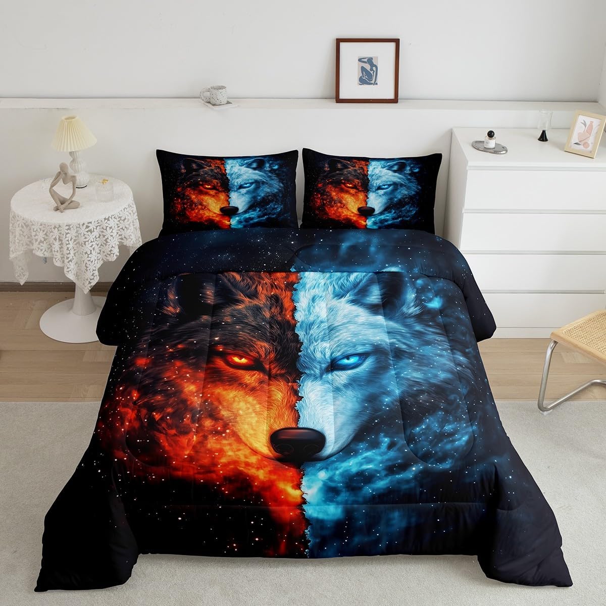 Manfei Wolf Ice Fire Comforter Twin for Kids Adults Youth,Wildlife Galaxy Exotic Wolf Quilt Comforter Room DecorShining Sky Mystery Universe Quilted Duvet Duvet Insert,1 Pillowcase