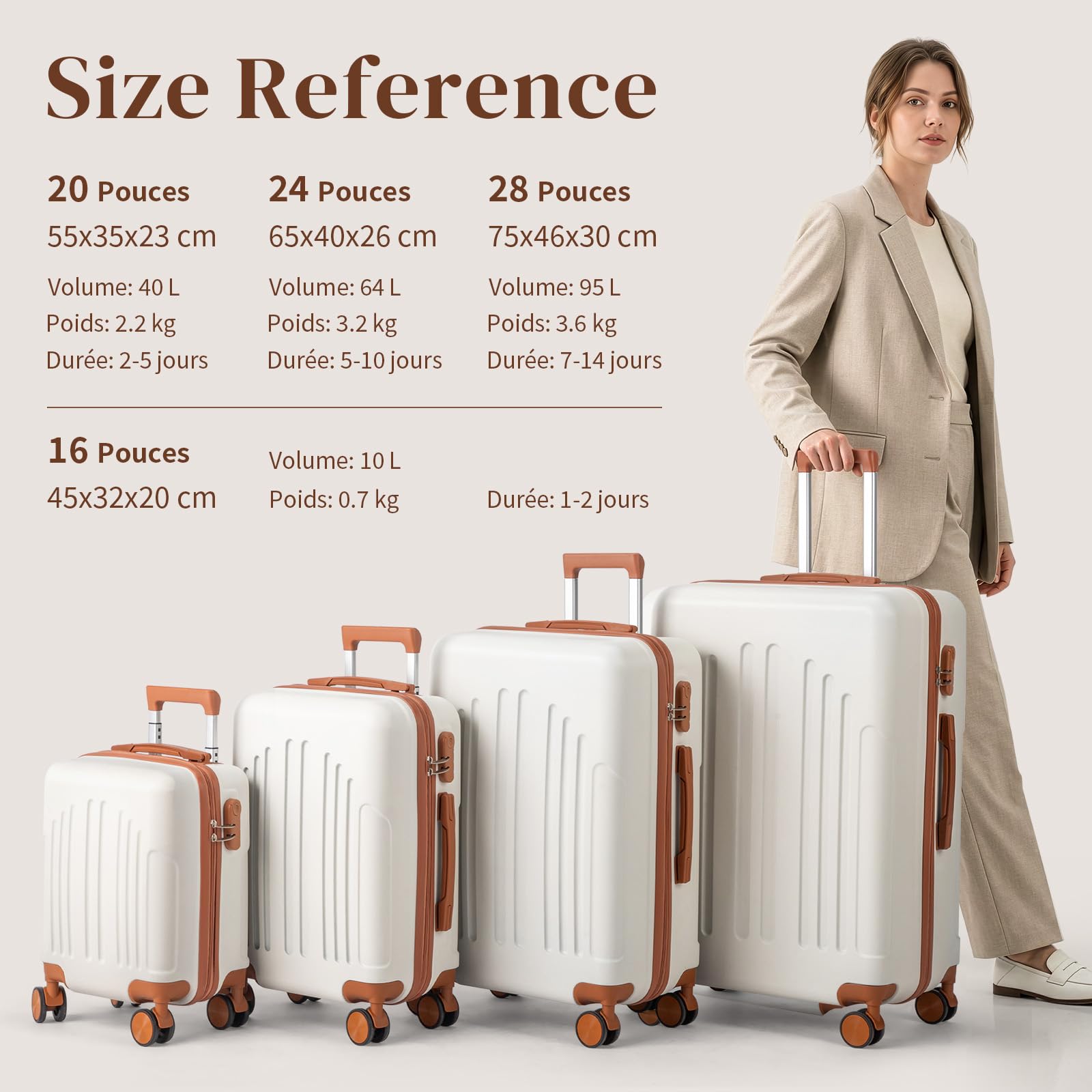 LALAHO Set de 4 Valises de Voyage, Valise Grande Taille/Cabine, Petite Valise, Bagage Suitcase en ABS (Beige-Brun)