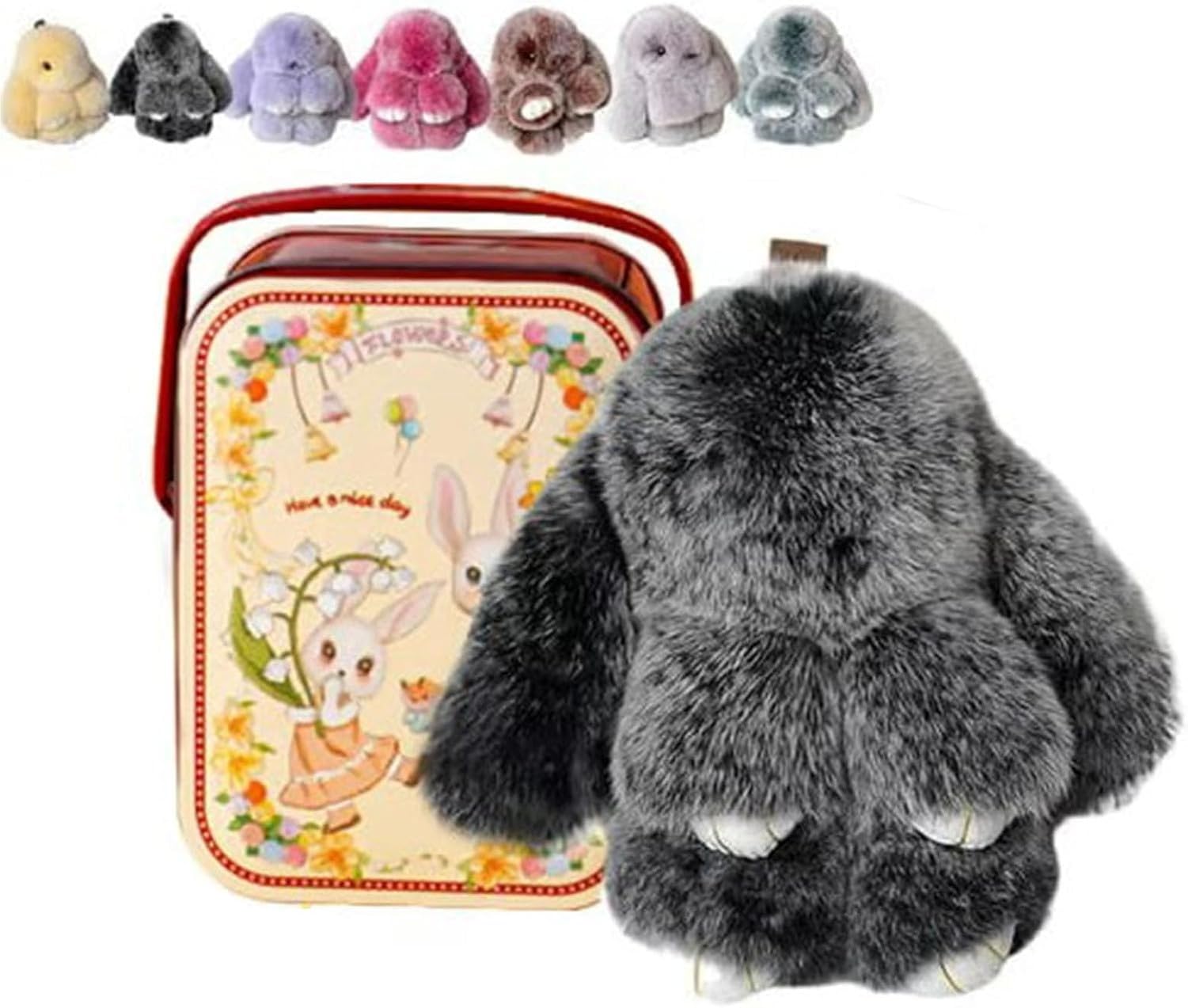 XIUNYIE Easter Bunny Plush Keychain in Iron Gift Tin, Fluffy Rabbit Keyring Kawaii Soft Furry Pendant for Handbag or Backpack Cute Decorative Charm, Birthday Christmas, #D