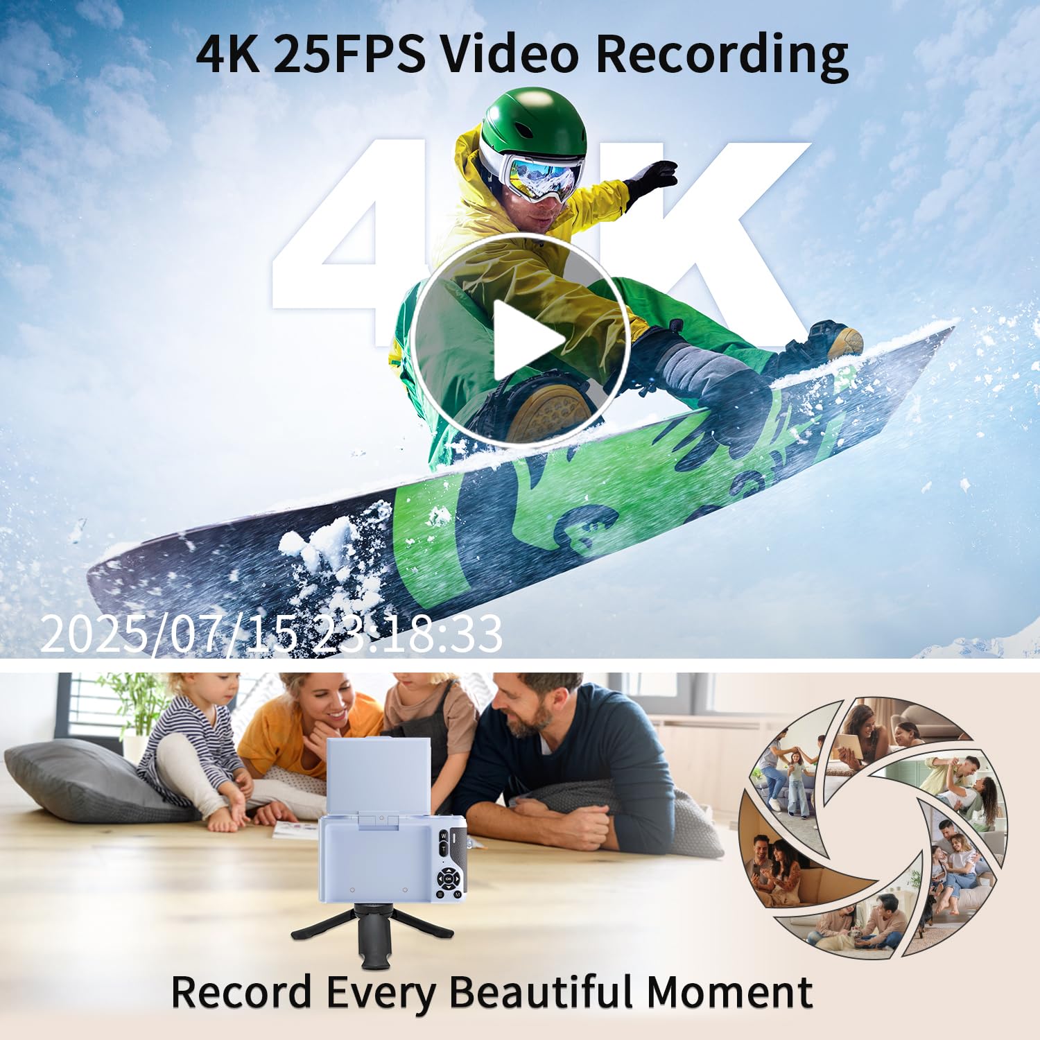 ARNSSIEN Aparat cyfrowy 4K, Odchylany ekran 180°, Zoom 16X | Kompaktowy aparat 2,8 cala z baterią 1500mAh, nagrywanie do 2h, wygodny design podróżny, Y1