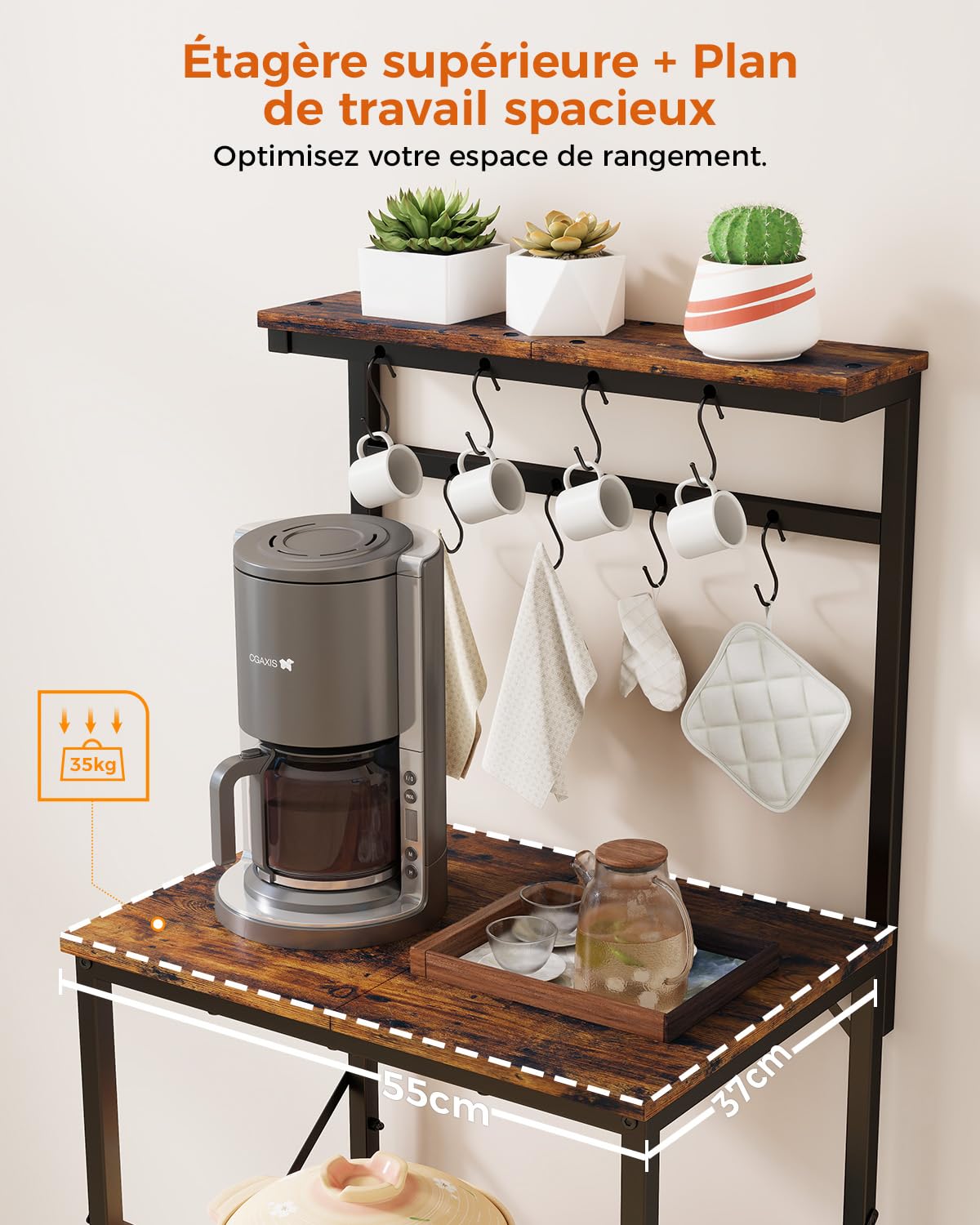 COMHOMA Étagère de Cuisine, Etagere Rangement pour Machine à Café, Étagère de Boulanger, 3 Étagères et 8 Crochets, pour Four à Micro-Ondes, Réglables, Cadre en métal, 55x37x126cm, Marron Rustique