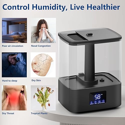 Miniatura 2 de KZF Humidificadores de llenado superior para dormitorio y tiempo de funcionamiento de 60 horas, humidificador de niebla fría, 3 niveles de niebla,