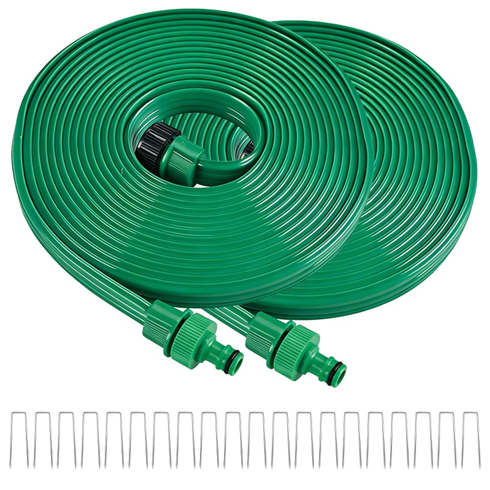 2 PCS Tubo Irrigazione Forato, Tubo Irrigatore 15 m Piatto Tubo Irrigazione a Goccia, Tubo Irrigazione Estensibile con 20 Picchetti da Terra, Manichetta per Irrigazione Prati Aiuole Piante