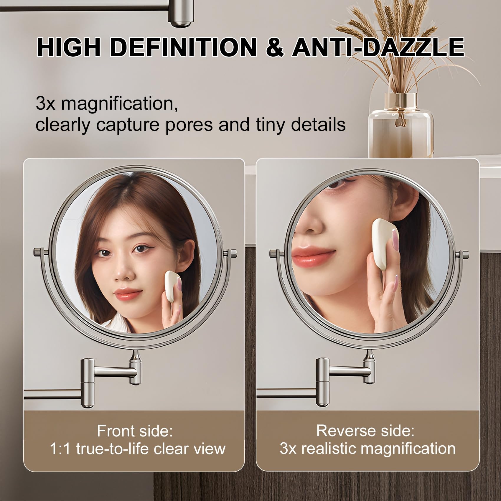 Specchio Trucco Da Parete Bifacciale 1x 3x Ingranditore 360° Girevole | Specchio Bagno con Braccio Estensibile, Vetro HD Antiappannamento e Cornice Alluminio per Rasatura(Argento,20cm/8in)