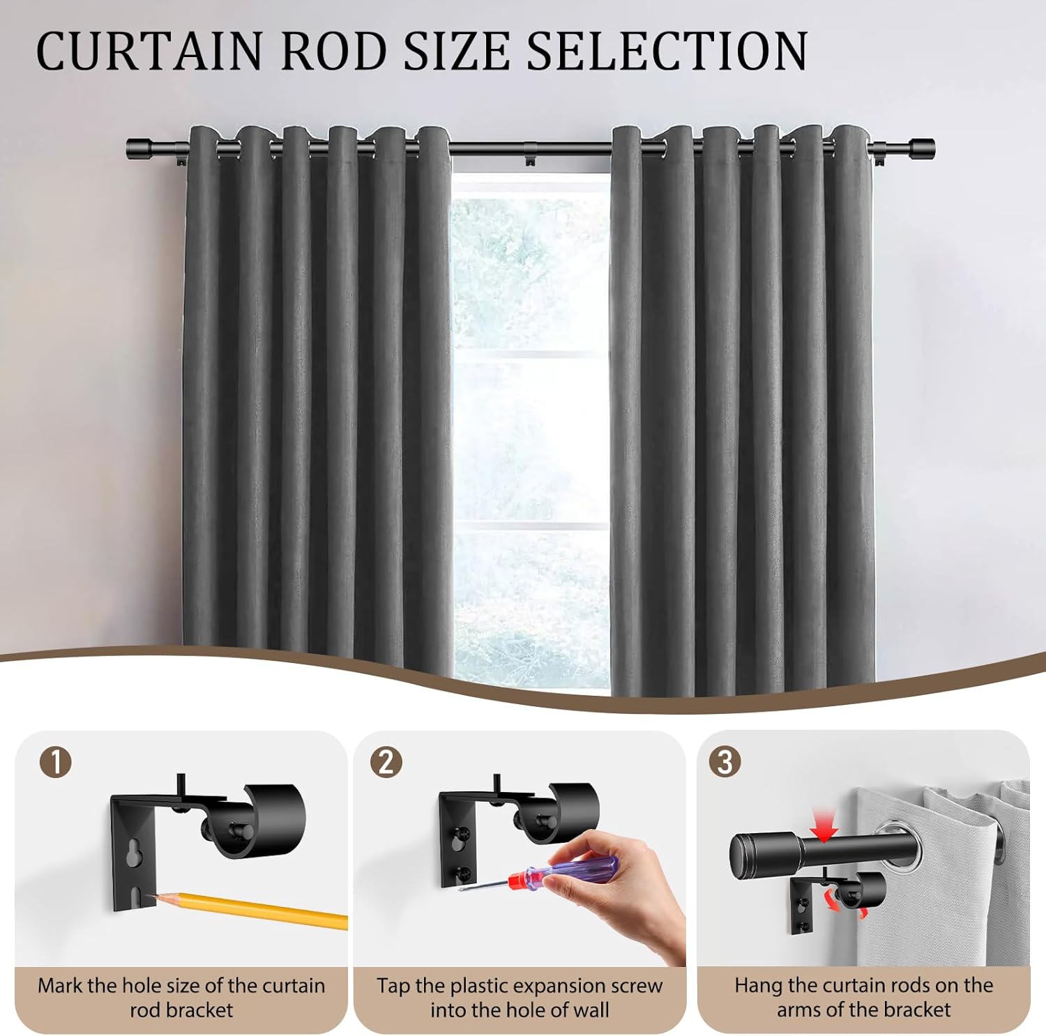 1” Diameter Curtain Rods 30-90 Inch, for 30-84 Inch Windows, Adjustable Splicing Black Rods for Windows with Brackets, Window Rod Long Heavy Duty Curtains Rod, 2 Pack
