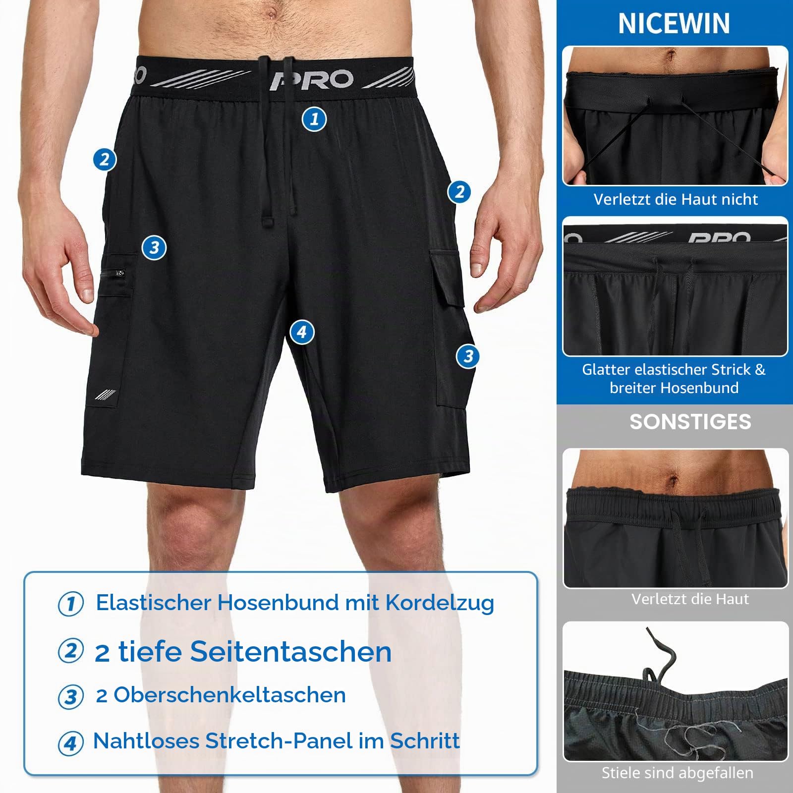 NICEWIN 2 in 1 MTB Kurze Fahrradhose Herren mit Abnehmbarer gepolstert Radlerhose, Schnelltrocknen Mountainbike Shorts mit 4D Sitzpolster Radunterhose, Atmungsaktiv Radhose mit 4 Taschen