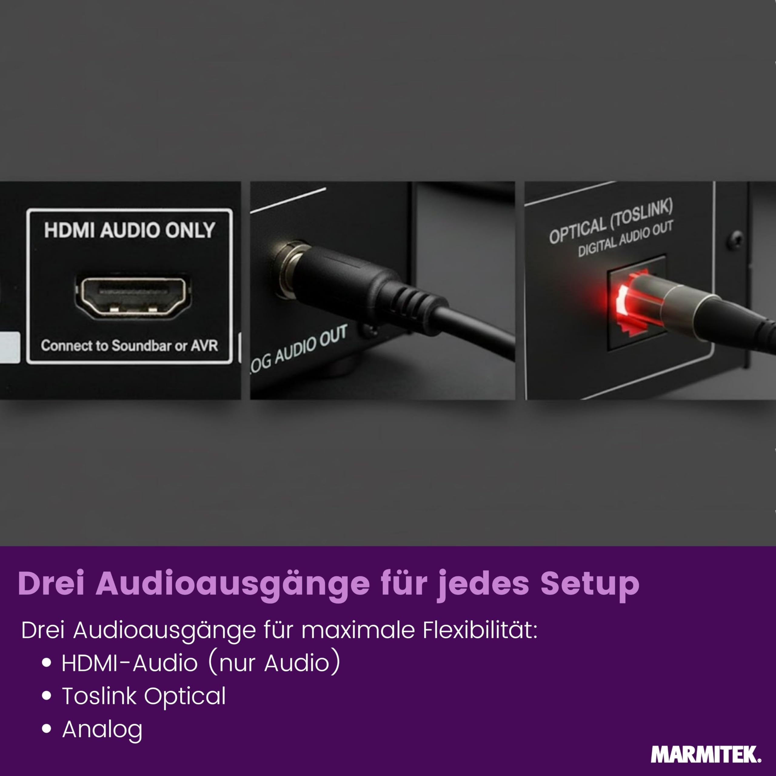 Marmitek Connect AE34 - eARC HDMI Audio Extractor - Konverter für 2 Systeme | Konverter für zwei Audiosysteme am TV mit AV-Receiver + Soundbar, 8K 60Hz, EDID, HDMI 2.1, Dolby Atmos, digital & analog