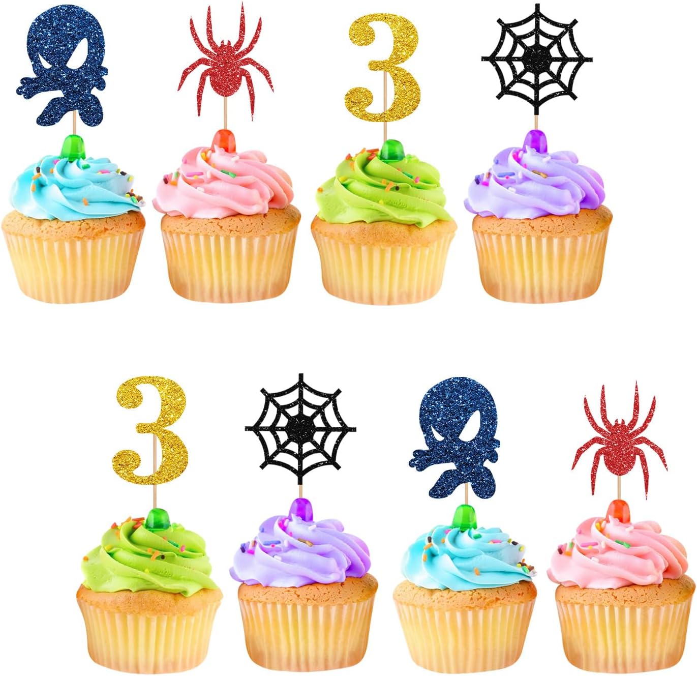 24pcs Spider Boy 3rd Birthday Cupcake Toppers, Blue&Red Glitter Spider Cupcake Decor, Happy 3rd Birthday Cake Decorations for Boy's Birthday, Cartoon Themed Birthday Party Decoration