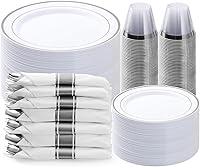 Vista 1 de BESTVIP 350PCS Silver Plastic Dinnerware Set, Disposable Party Plates for 50 Guests, Include: 100 Plastic Plates, 50 Pre Rolled Napkins with Silver