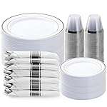 BESTVIP 350PCS Silver Plastic Dinnerware Set, Disposable Party Plates for 50 Guests, Include: 100 Plastic Plates, 50 Pre Rolled Napkins with Silver Silverware, 50 Cups