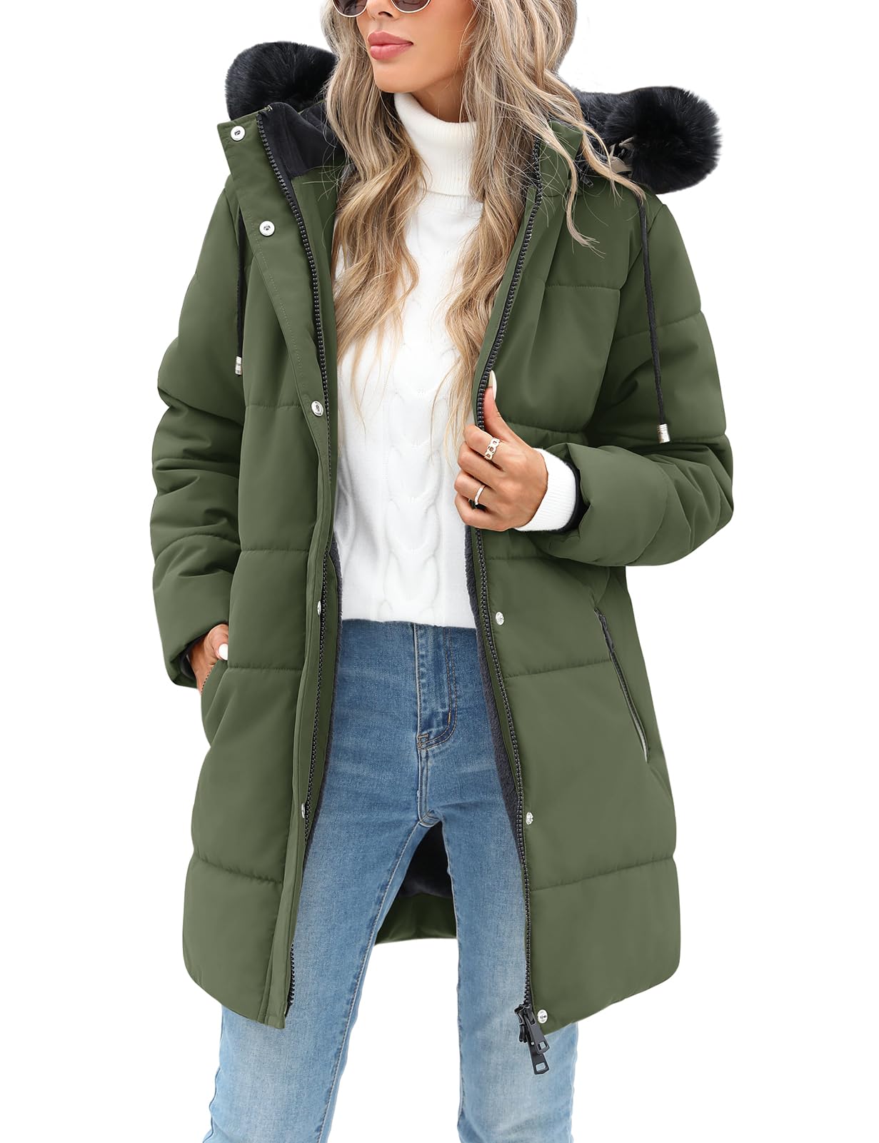 Piumino Donna Invernale Lungo Giacca Imbottito Giubbotto in Pile Caldo Cappotto Elegante Giubbino Parka Trapuntato Outwear Sport con Zip Tasche Cappuccio Rimovibile in Pelliccia