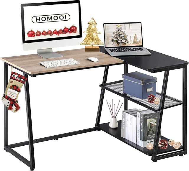 HOMOOI L-Shaped Computer Desk with Storage Shelves Corner Wood Oak and Black Gaming Desk Writing Study Table Workstation for Home Office 125x80x75cm LCD112001WA