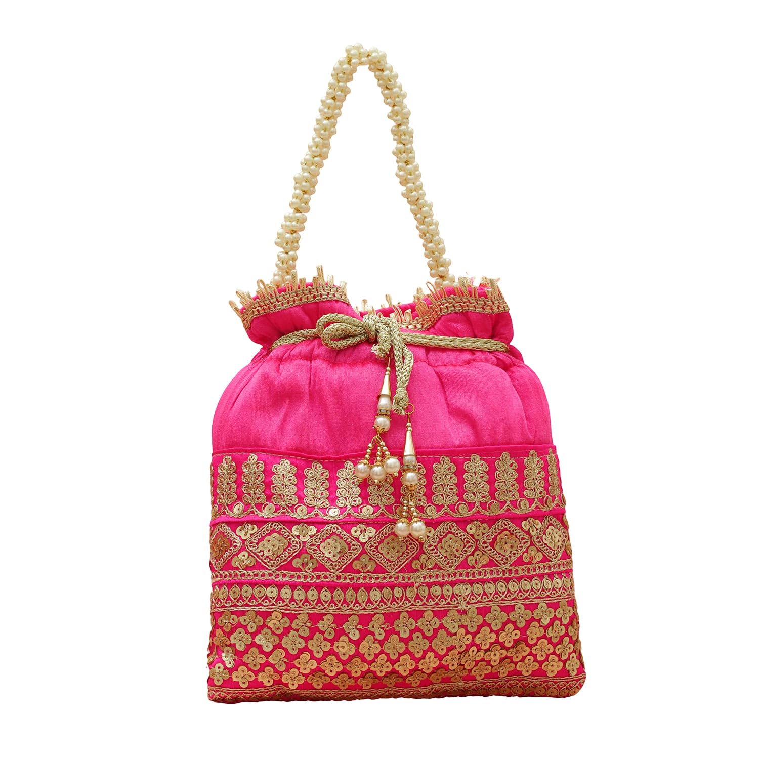Potli Bag Pink & Gold Embroidered Ethnic with Pearl Beaded Handle Golden Tassel Detailing & Spacious Drawstring Closure Gift for Women & Girls-image-2
