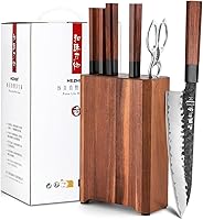 Vista 17 de HEZHEN Juego de cuchillos de cocina 4 piezas, cuchillo de chef de acero revestido Nakiri forjado Santoku, mango octogonal de madera