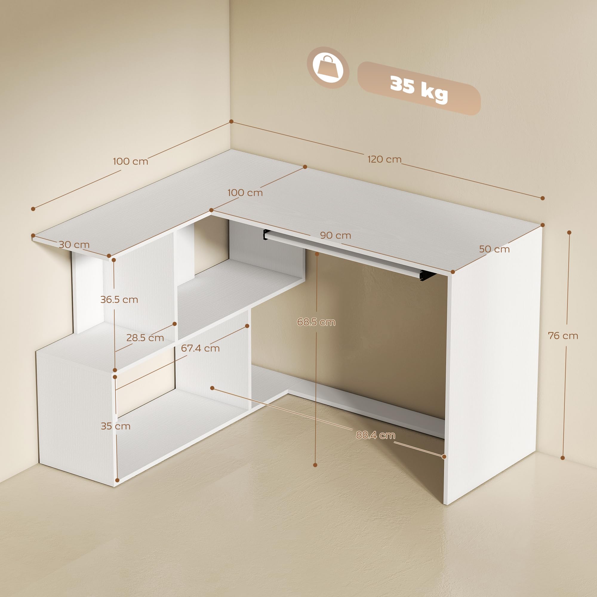 HOMCOM Scrivania Angolare, 120x100cm Scrivania ad Angolo con Ripiano Scorrevole per Tastiera e 4 Ripiani Portaoggetti, Tavolo Salvaspazio ad L per Computer, Ufficio, Studio, Camera da Letto, Bianco