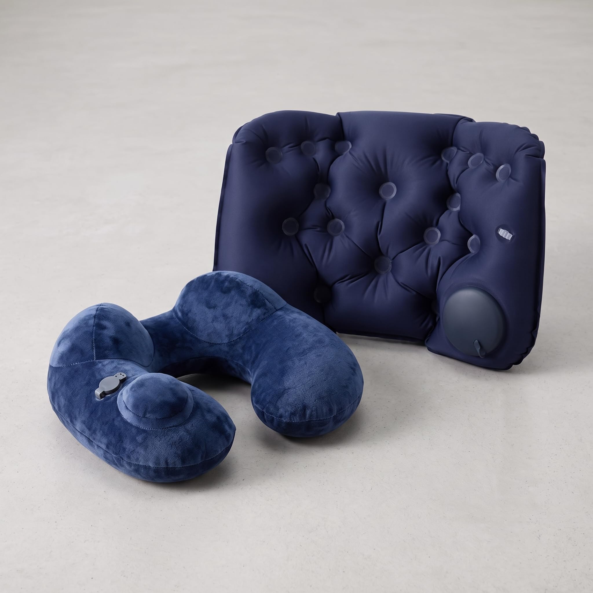 Homyl Oreiller Gonflable et Coussin Soutien Pliable pour Avion, Voiture ou Bureau, Coussin Lombaire Gonflable à Pression + Oreiller de Voyage en Forme de U à Bosse de Chameau, Couleur Bleu Marine