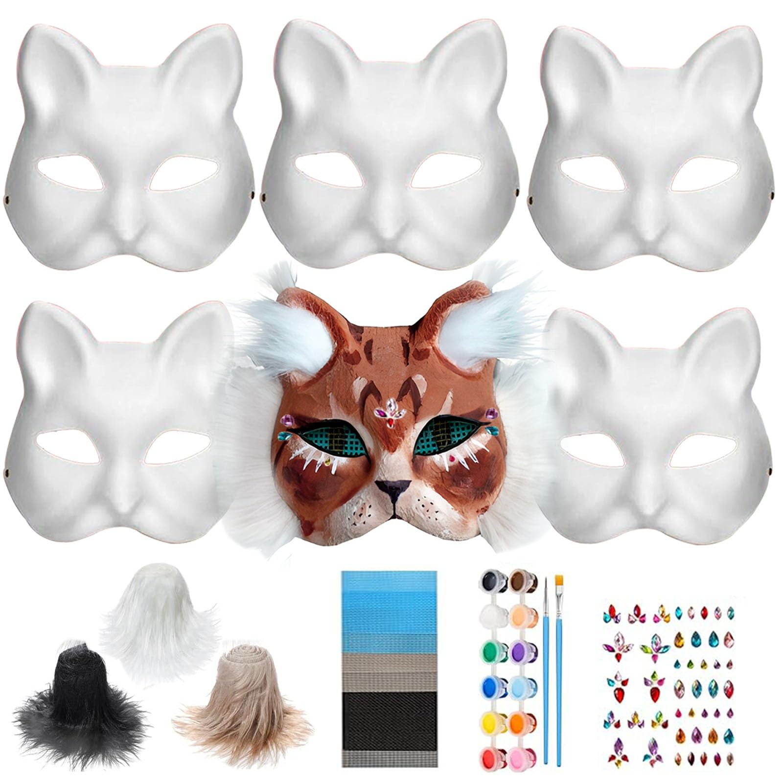6pcs Cat Mask,DIY Graffiti Blank Cat Mask with Fur Self Adhesive Felt Sheet - Eye Mesh and Colour Pigment, Suitable for Masquerade Party Halloween,Cosplay Party,Birthday Party and Theme Role-playing