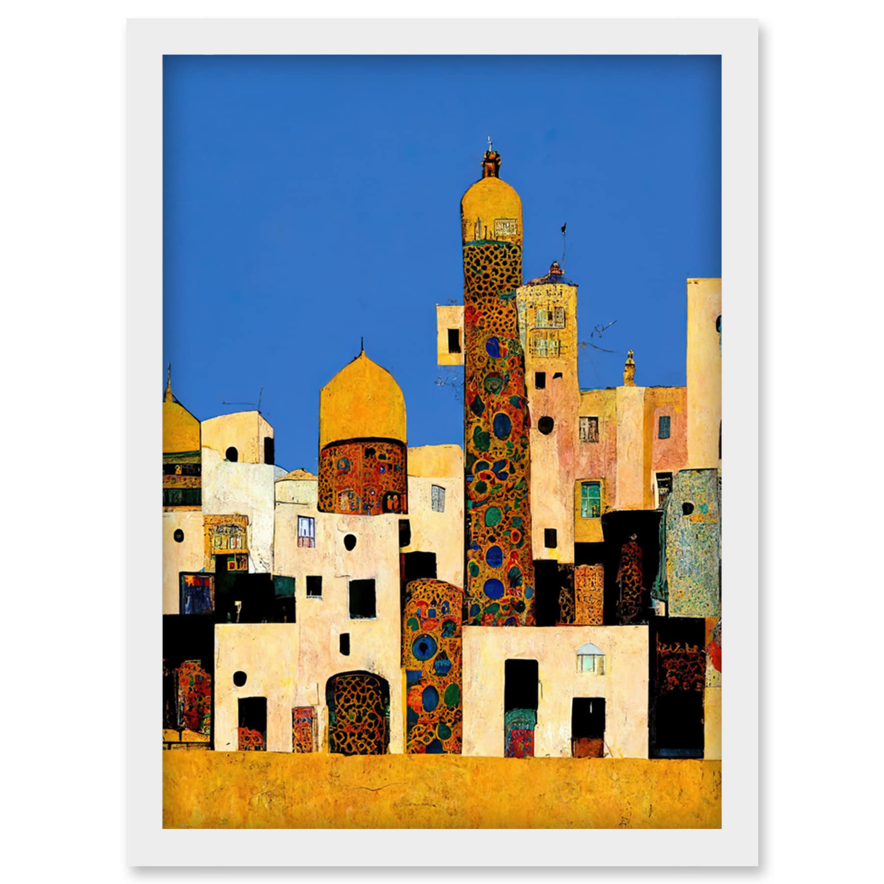 Klimt Style Moroccan Cityscape Blue Gold Artwork Framed Wall Art Print A4 - Artery8