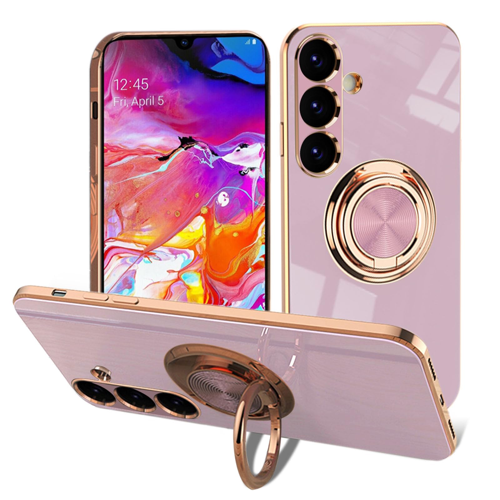 EYZUTAK Electroplated Magnetic Ring Holder Case for Samsung Galaxy A35 5G, 360 Degree Rotation Metal Anti-Drop Finger Ring Holder Magnet Car Holder Soft Slim Silicone Shockproof Phone Cover - Purple