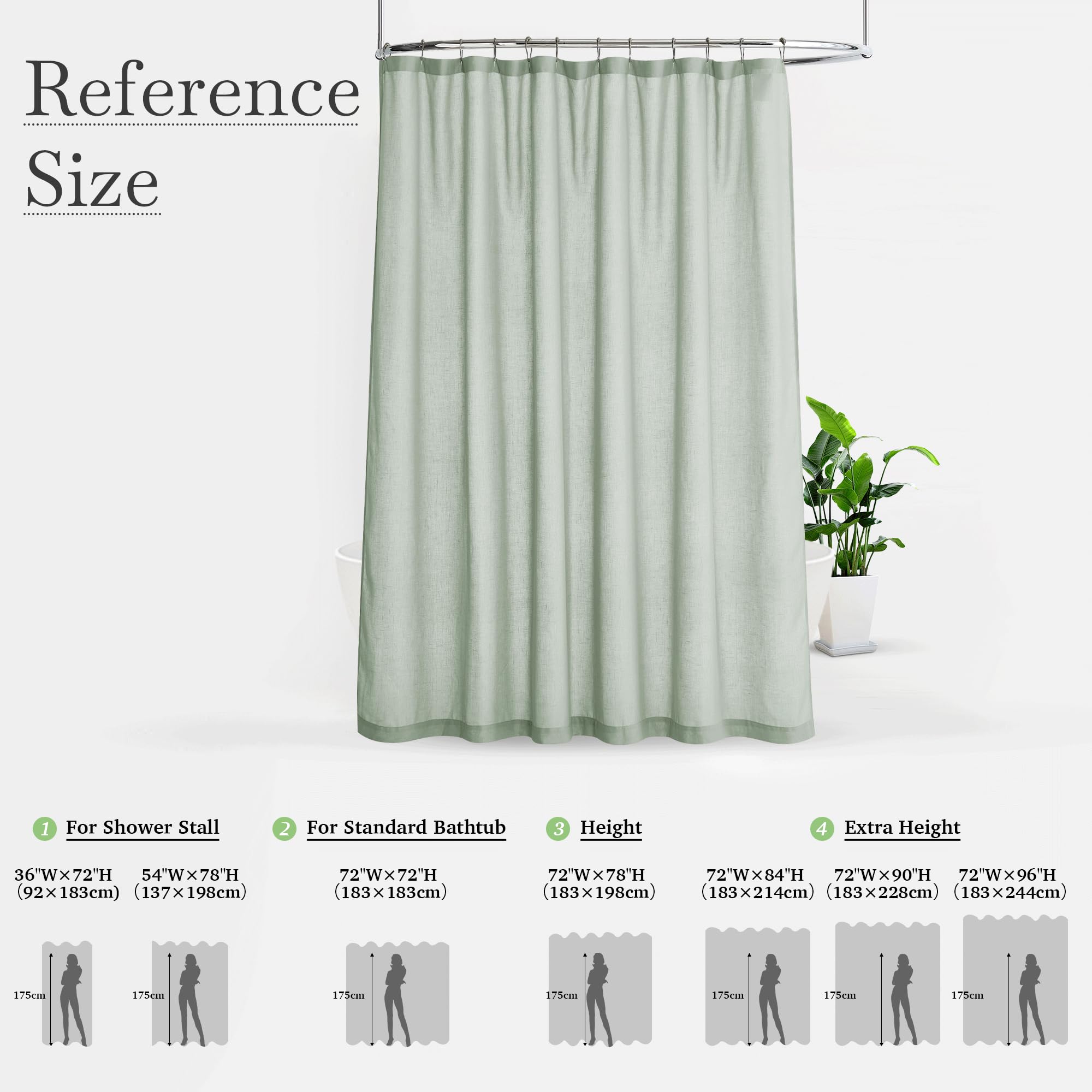 KGORGE Leinen-Duschvorhang, halbtransparent, leicht, Knopfloch, halbsichtbar, schnell trocknend, Duschvorhänge für Badezimmer, Badewanne, Dekoration, graugrün, 183 x 213 cm lang, Haken im Lieferumfang