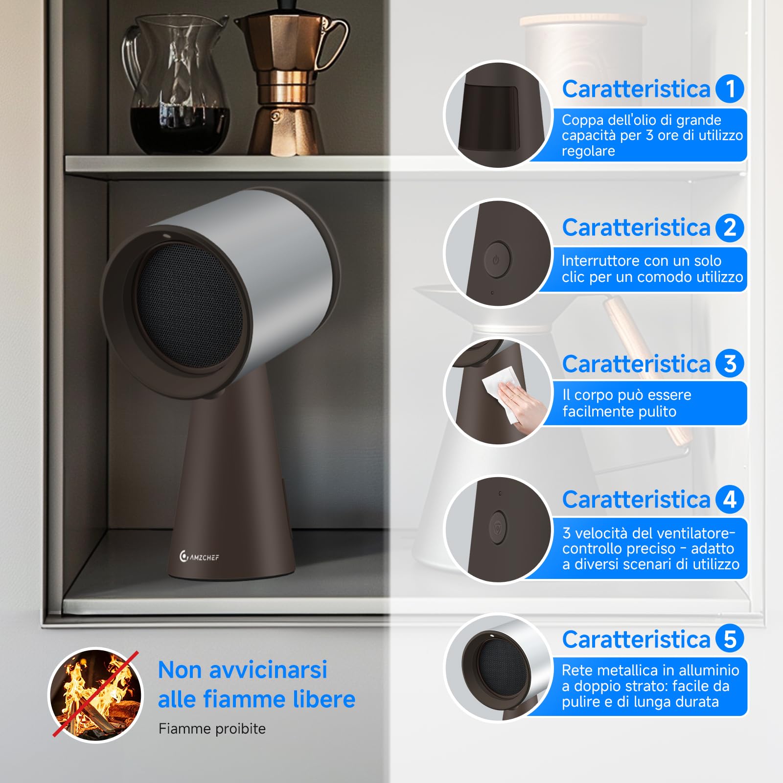 AMZCHEF Cappa Aspirante Portatile,Cappa Cucina con Ventola a 3 Velocità, Luce LED, Bassa Rumorosità, Aspirazione 120m³/h, Ventola da Cucina per Barbecue Indoor, Hot Pot, Marrone