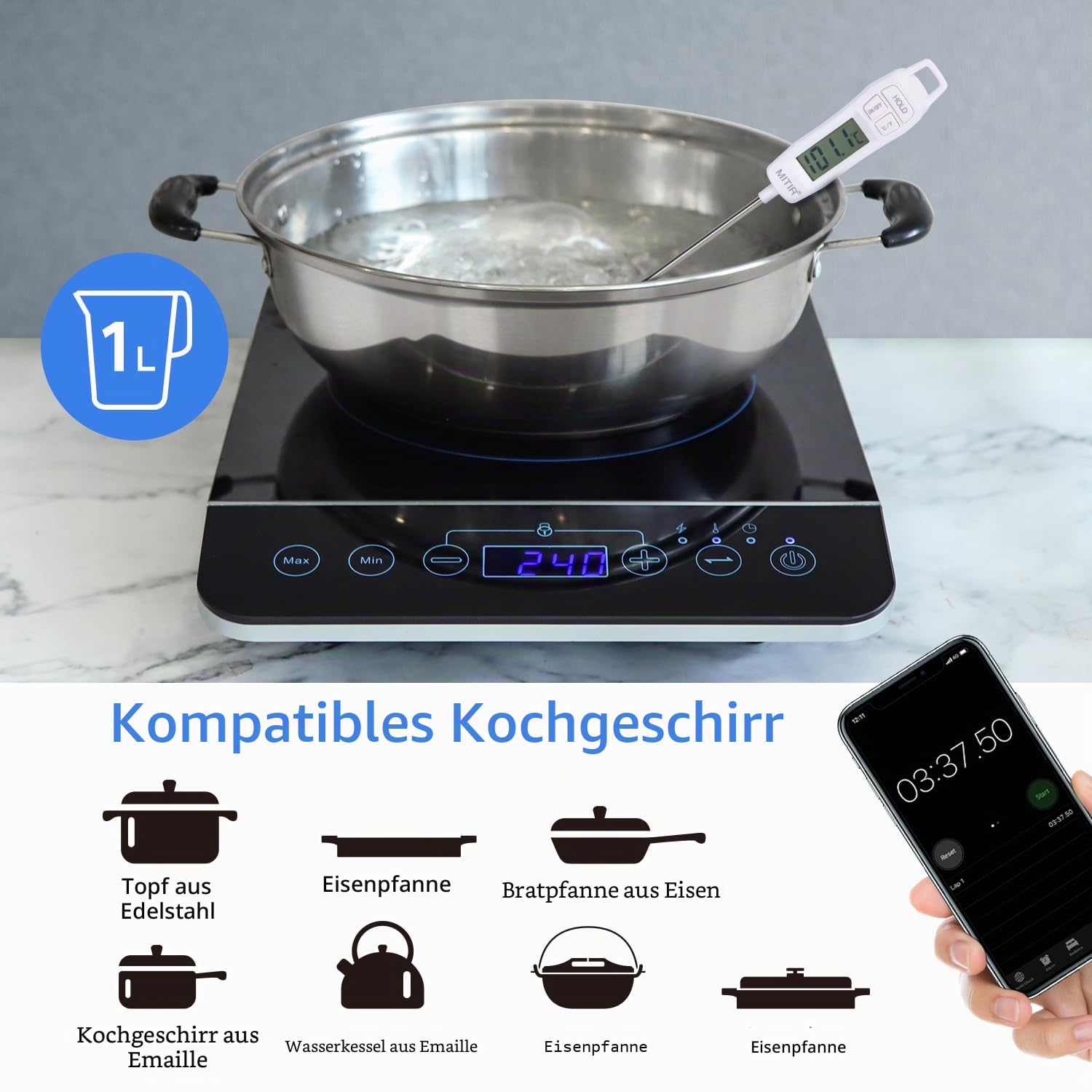 Aigostar Bluefire Induktionskochfeld, 10 Leistungsstufen, 200W-2000W, Temperaturbereich 60-240°C, LED Display, Schwarz